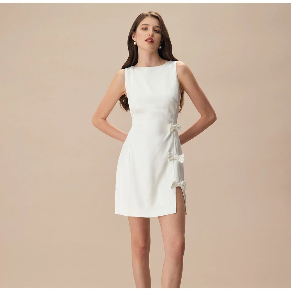 RIHOAS The White Boat Neck Bowknot Satin Mini Dress